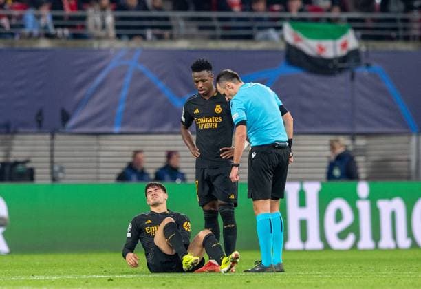 Fussball, Herren, Saison 2023 2024, UEFA Champions League (Achtelfinale, Hinspiel), RB Leipzig - Real Madrid, v. l. Brahim Diaz, Vinicius Junior (beide Real), 13.02. 2024, Copyright: xSebastianxRäppold MatthiasxKochx