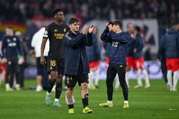 13.02.2024, Fussball, UCL, UEFA Champions League, Achtelfinale, Saison 2023 2024, RB Leipzig - Real Madrid, Brahim Diaz (Real Madrid) mit verbundener Wade. xRHR-FOTO TKx Copyright: TeresaxKroeger RHR-FOTOx RHR-FOTO TK