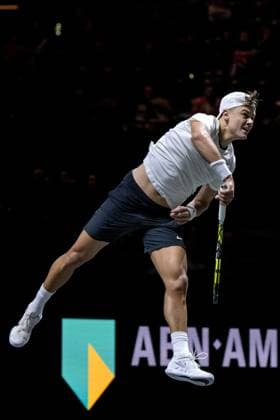 ROTTERDAM - Holger Rune (DEN) in action against Roman Safiullin (RUS) on the third day of the ABN AMRO Open tennis tournament in Ahoy. ANP SANDER KONING Third day 2024 xVIxANPxSportx xxANPxIVx 491108157 originalFilename: 491108157.jpg