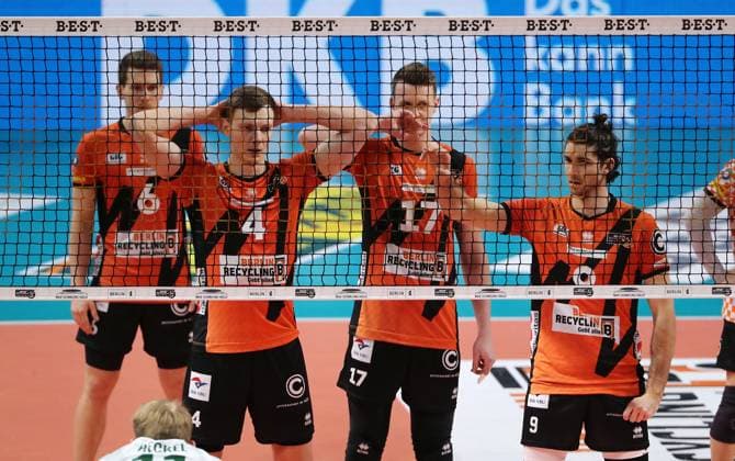 Johannes Tille, Timo Tammemaa, Marek Sotola, Timothee Carle Volleyball Bundesliga Herren Saison 2023 2024 14.02.2024 BR Volleys Berlin BRV vs FW 1844 Freiburg
