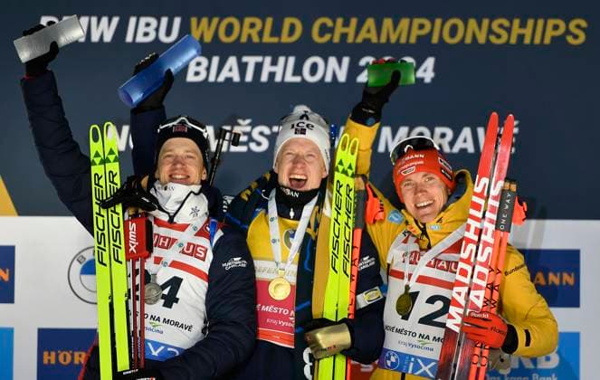Bilder des Jahres 2024, Sport 02 Feburar Sport Themen der Woche KW07 Sport Bilder des Tages Johannes Thingnes Bo of Norway won men s individual race (20 km) at Biathlon World Championship, WM, Weltmeisterschaft in Nove Mesto na Morave, followed by his brother Tarjei and third German Benedikt Doll, Czech Republic, February 14, 2024. (CTKxPhoto LubosxPavlicek) CTKPhotoP2024021408806  CTKPhotoP2024021408806