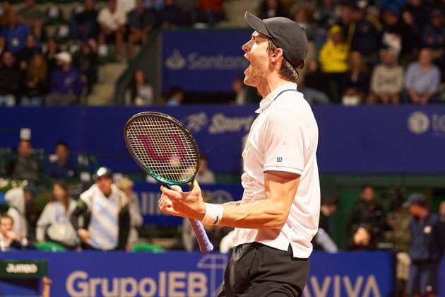 Nicolas Jarry of Chile celebrates his win over Stan Wawrinka of Switzerland after their second round match of the IEB+ Argentina Open 2024 at Buenos Aires Lawn Tennis Club on February 14, 2024 in Buenos Aires, Argentina. (Photo by Camilla Stolen Imago) Buenos Aires Argentina Copyright: xCamillaxStolenx L1740566