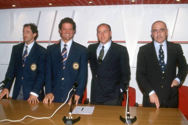 RECORD DATE NOT STATED FRANCO BARESI, FABIO CAPELLO, SILVIO BERLUSCONI, ADRIANO GALLIANI, Milan, Serie A, 1993-94, Raduno, Primo piano, Posa, Head shot SERIE A 1993-94 MILAN RADUNO