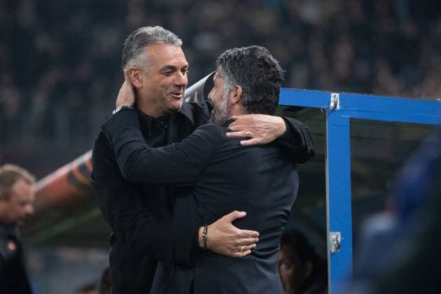 UEFA Europa League 2023 24: Shakhtar - Olympique Marseille; 15.02.2024 Gennaro Gattuso (Olympique Marseille, Cheftrainer) , Marino Pusic (FC Shakhtar Donetsk, Cheftrainer) UEFA Europa League 2023 24: Shakhtar - Olympique Marseille; Hamburg, Volksparkstadion, 15.02.2024 Copyright: xBEAUTIFULxSPORTS Buriakovx
