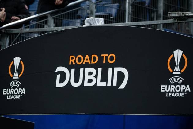 UEFA Europa League 2023 24: Shakhtar - Olympique Marseille; 15.02.2024 Schild, auf dem steht Road to Dublin UEFA Europa League 2023 24: Shakhtar - Olympique Marseille; Hamburg, Volksparkstadion, 15.02.2024 Copyright: xBEAUTIFULxSPORTS Buriakovx