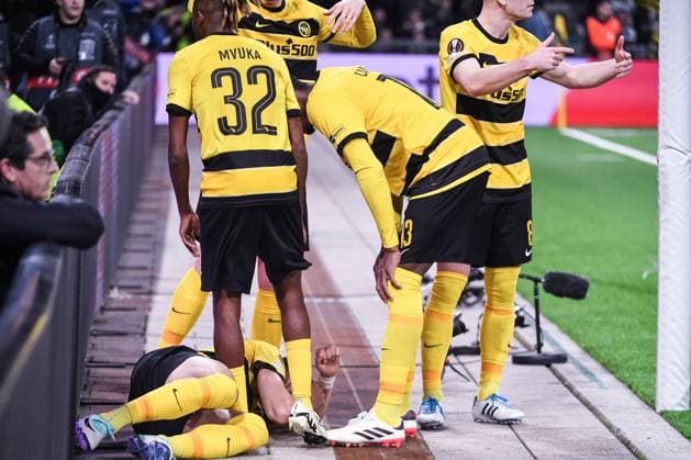 BERN, SWITZERLAND - FEBRUARY 15: Filip Ugrinic of Young Boys (L) is injured after scoring during the UEFA Europa League 2023 24 round of 16 first leg match between BSC Young Boys and Sporting CP at Stadion Wankdorf on February 15, 2024 in Bern, Switzerland. Copyright: xJustPictures.ch ManuelxWinterbergerx jp-en-EuSpIm-MWI_2025-20240215