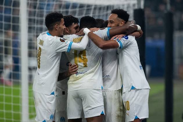 UEFA Europa League 2023 24: Shakhtar - Olympique Marseille; 15.02.2024 Olympique Marseille im Jubel nach dem Tor, Pierre-Emerick Aubameyang (Olympique Marseille, 10) UEFA Europa League 2023 24: Shakhtar - Olympique Marseille; Hamburg, Volksparkstadion, 15.02.2024 Copyright: xBEAUTIFULxSPORTS Buriakovx