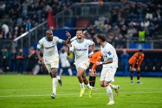 UEFA Europa League 2023 24: Shakhtar - Olympique Marseille; 15.02.2024 Olympique Marseille im Jubel nach dem Tor durch Iliman Ndiaye (Olympique Marseille, 29), Olympique Marseille im Jubel. UEFA Europa League 2023 24: Shakhtar - Olympique Marseille; Hamburg, Volksparkstadion, 15.02.2024 Copyright: xBEAUTIFULxSPORTS Buriakovx