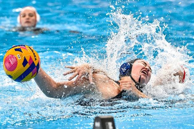 Sofia Giustini of Italy during the Water polo, Wasserball women classification 7th 8th place match between team Canada (white caps) and team Italy (blue caps) of the 21st World Aquatics Championships at the Aspire Dome in Doha (Qatar), February 16, 2024. GiorgioXScala