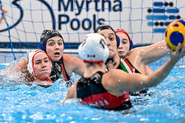 Lucrezia Lys Cergol of Italy during the Water polo, Wasserball women classification 7th 8th place match between team Canada (white caps) and team Italy (blue caps) of the 21st World Aquatics Championships at the Aspire Dome in Doha (Qatar), February 16, 2024. GiorgioXScala
