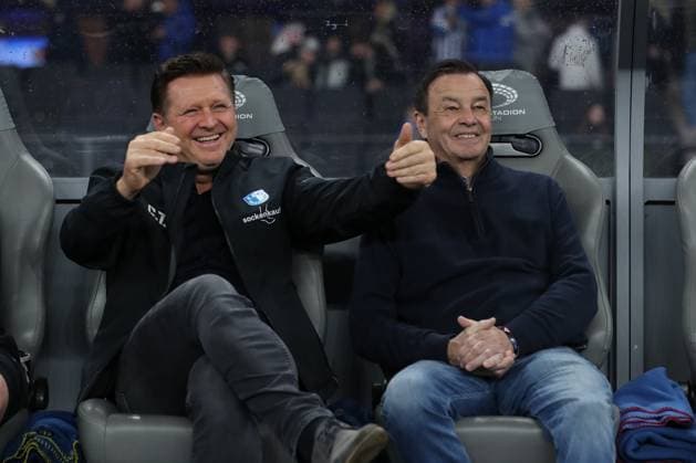 16.02.2024, xtgx, Fussball - 2.Bundesliga, Hertha BSC Berlin - 1.FC Magdeburg emspor, v.l. Christian Titz (Magdeburg, Trainer) und Otmar Schork (Magdeburg, sportlicher Leiter) (DFL DFB REGULATIONS PROHIBIT ANY USE OF PHOTOGRAPHS as IMAGE SEQUENCES and or QUASI-VIDEO) Berlin