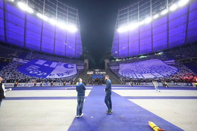 16.02.2024, xtgx, Fussball - 2.Bundesliga, Hertha BSC Berlin - 1.FC Magdeburg emspor, v.l. Symbolfoto, Symbolbild, Choreo, Fans Magdeburg (DFL DFB REGULATIONS PROHIBIT ANY USE OF PHOTOGRAPHS as IMAGE SEQUENCES and or QUASI-VIDEO) Berlin