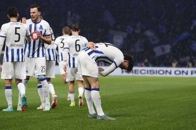 16.02.2024, xtgx, Fussball - 2.Bundesliga, Hertha BSC Berlin - 1.FC Magdeburg emspor, v.l. Jubel nach dem 1:1 durch Fabian Reese (Hertha, 11) (DFL DFB REGULATIONS PROHIBIT ANY USE OF PHOTOGRAPHS as IMAGE SEQUENCES and or QUASI-VIDEO) Berlin