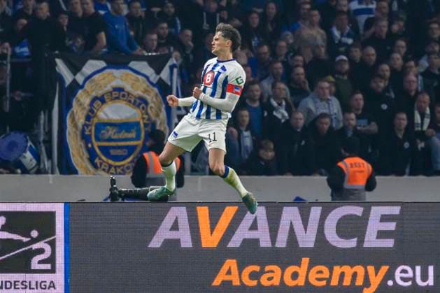 Fabian Reese (Hertha BSC, 11), verwandelt Eflmeter zum Ausgleichtreffer 1:1, Tor, Tor, Treffer, drin, Jubel, Torjubel, Freude, Begeisterung, Hertha BSC - 1. FC Magdeburg, 2. Bundesliga, Fussball, DFB, Spielzeit 2023 2024, 22. Spieltag, Olympia - Stadion Berlin, DFB DFL REGULATIONS PROHIBIT ANY USE OF PHOTOGRAPHS AS IMAGE SEQUENCES AND OR QUASI-VIDEO, 16.02. 2024, Foto: HMB Media Uwe Koch