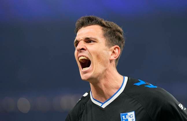 Germany, Berlin, 16.02.2024, Olympic Stadium, Hertha BSC vs 1.FC Magdeburg - 2. Bundesliga, Tobias Müller (1.FC Magdeburg) celebrates the second goal Berlin Olympic Stadium Berlin Germany