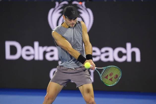 February 16, 2024, Delray Beach, Florida, United States: February, 16 - Delray Beach, FL: Marcos Giron(USA) in action here, defeats Patrick Kypson(USA) during the first round of the 2024 Delray Beach Open at the Delray Beach Tennis Center. Delray Beach United States - ZUMApa3_ 20240216_zap_pa3_013 Copyright: xAndrewxPatronx