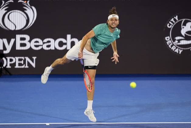 February 16, 2024, Delray Beach, Florida, United States: February, 16 - Delray Beach, FL: Taylor Fritz(USA) in action here, defeats Rinky Hijikata(AUS) in the quarter-finals of the 2024 Delray Beach Open at the Delray Beach Tennis Center. Delray Beach United States - ZUMApa3_ 0414359516st Copyright: xAndrewxPatronx