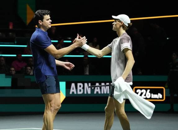 ABN Amro Open - Rotterdam Milos Raonic of Canada and Jannik Sinner of Italy uring the ABN Amro Open 2024, ATP, Tennis Herren 500 tennis tournament on February 16, 2024 in Rotterdam, Netherlands. Photo by Laurent Lairys ABACAPRESS.COM Rotterdam Netherlands  Copyright: xLairysxLaurent ABACAx
