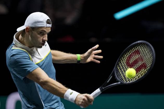 ROTTERDAM - Grigor Dimitrov (Bulgaria) in action against Alex de Minaur (Australia) during the first semi-final on the sixth day of the ABN AMRO Open tennis tournament in Ahoy. ANP SANDER KONING ABN AMRO Open 2024 xVIxANPxSportx xxANPxIVx 491324986 originalFilename: 491324986.jpg