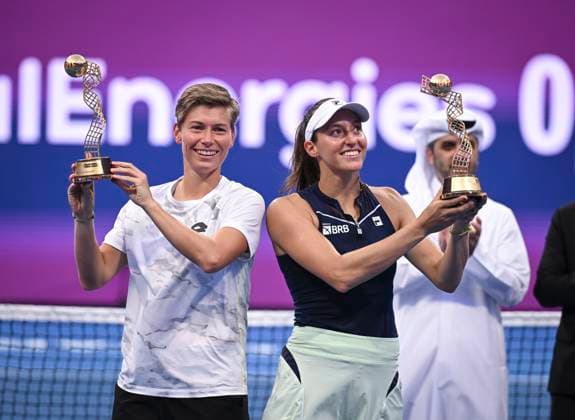 Qatar TotalEnergies Open 2024 Womens Double Final, Luisa Stefani (BRA) and Demi Schuurs (NED) vs. Caroline Dolehide (USA) and Desire Krawczyk (USA) winners Luisa Stefani (r, BRA) and Demi Schuurs (NED)