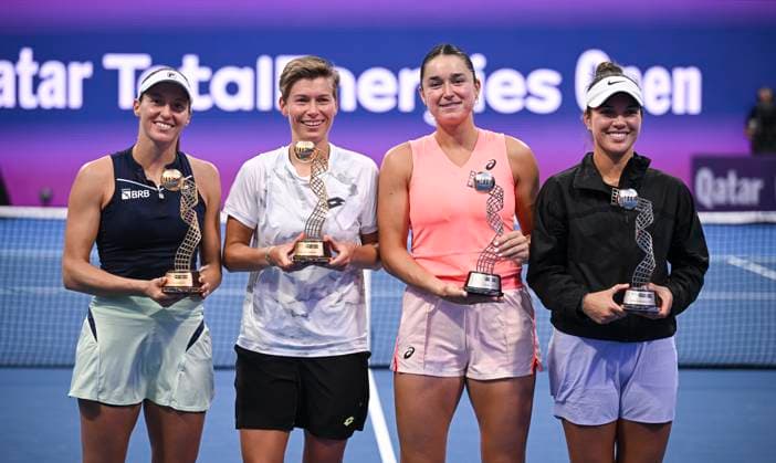 Qatar TotalEnergies Open 2024 Womens Double Final, Luisa Stefani (BRA) and Demi Schuurs (NED) vs. Caroline Dolehide (USA) and Desire Krawczyk (USA) winners Luisa Stefani (r, BRA) and Demi Schuurs (NED)