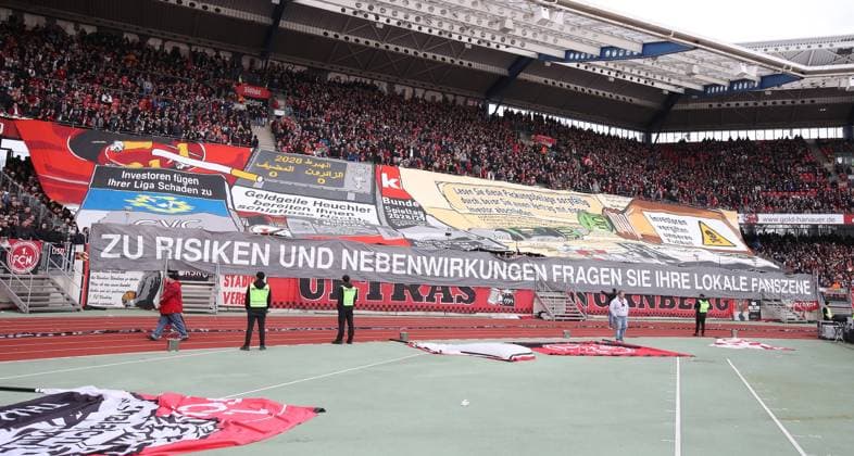 18.02.2024 - Fussball - Saison 2023 2024 - 2. Fussball - Bundesliga - 22. Spieltag: 1. FC Nürnberg FCN ( Club ) - 1. FC Kaiserslautern FCK ( Roten Teufel ) - Sportfoto Zink DaMa - xdaxmax - DFL regulations prohibit any use of photographs as image sequences and or quasi-video - only for editorial use - Choreografie der Clubfan Clubfans FCN-Fans Fans gegen Investoren in der DFL - Protest