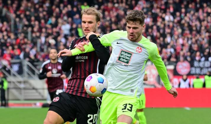 18.02.2024 - Fussball - Saison 2023 2024 - 2. Fussball - Bundesliga - 22. Spieltag: 1. FC Nürnberg FCN ( Club ) - 1. FC Kaiserslautern FCK ( Roten Teufel ) - Sportfoto Zink - xwoxzix - DFL regulations prohibit any use of photographs as image sequences and or quasi-video - only for editorial use - Sebastian Andersson (20, 1. FC Nürnberg FCN ) Jan Elvedi (33, 1. FC Kaiserslautern FCK )