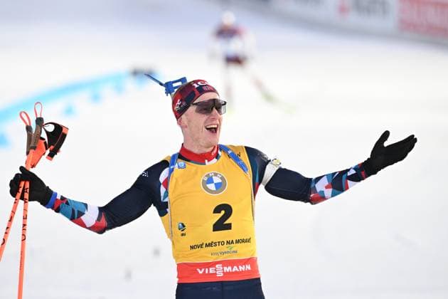 Bilder des Jahres 2024, Sport 02 Feburar Sport Themen der Woche KW07 Sport Bilder des Tages Johannes Thingnes Bo of Norway celebrates victory after the Men s mass start race - 15 km during the Biathlon World Championships 2024, in Nove Mesto na Morave, Zdar district, Vysocina Region, Czech Republic, February 18, 2024. (CTKxPhoto MichalxKamaryt) CTKPhotoP2024021804683  CTKPhotoP2024021804683