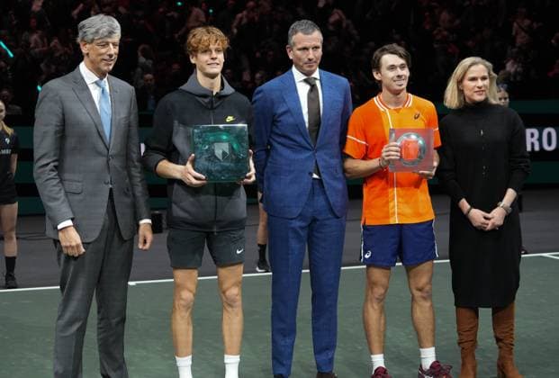 Jannik Sinner of Italy and Alex De Minaur of Australia Finale during the ABN Amro Open 2024, ATP, Tennis Herren 500 tennis tournament on February 16, 2024 in Rotterdam, Netherlands - TENNIS : ABN Amro Open 2024 - Rotterdam - 18 02 2024 LaurentLairys Panoramic 