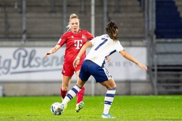 Google Pixel Frauen-Bundesliga 14. Spieltag: MSV Duisburg - 1. FC Köln; 18.02.2024 Janina Hechler (1. FC Köln, 28) im Zweikampf mit Cin Miray (MSV Duisburg, 7) Google Pixel Frauen-Bundesliga 14. Spieltag: MSV Duisburg - 1. FC Köln; Schauinsland-Reisen-Arena; Duisburg; 18.02.2024 DFB DFL REGULATIONS PROHIBIT ANY USE OF PHOTOGRAPHS AS IMAGE SEQUENCES AND OR QUASI-VIDEO Copyright: xBEAUTIFULxSPORTS Buriakovx