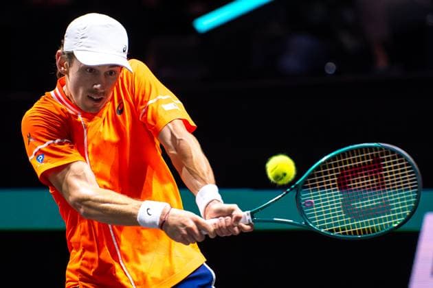 2024-02-18 ABN AMRO Open 2024 - Day 7 ROTTERDAM, NETHERLANDS - FEBRUARY 18: Alex de Minaur of Australia in action during Day 7 of the ABN AMRO Open 2024 at Ahoy on February 18, 2024 in Rotterdam, Netherlands. (Photo by Joris Verwijst BSR Agency) Rotterdam Netherlands Content not available for redistribution in The Netherlands directly or indirectly through any third parties. Copyright: xBSRxAgencyx de Minaur of Australia in action during Day 7 of the ABN AMRO Open 2024 at Ahoy on February 18, 2024 in Rotterdam, Netherlands. (Photo by Joris Verwijst BSR Agency) Rotterdam Netherlands Content not available for redistribution in The Netherlands directly or indirectly through any third parties. Copyright: xJorisxVerwijstx