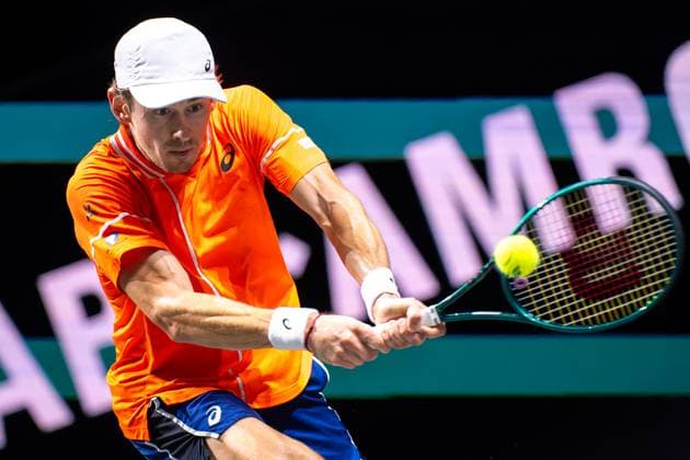 2024-02-18 ABN AMRO Open 2024 - Day 7 ROTTERDAM, NETHERLANDS - FEBRUARY 18: Alex de Minaur of Australia in action during Day 7 of the ABN AMRO Open 2024 at Ahoy on February 18, 2024 in Rotterdam, Netherlands. (Photo by Joris Verwijst BSR Agency) Rotterdam Netherlands Content not available for redistribution in The Netherlands directly or indirectly through any third parties. Copyright: xBSRxAgencyx de Minaur of Australia in action during Day 7 of the ABN AMRO Open 2024 at Ahoy on February 18, 2024 in Rotterdam, Netherlands. (Photo by Joris Verwijst BSR Agency) Rotterdam Netherlands Content not available for redistribution in The Netherlands directly or indirectly through any third parties. Copyright: xJorisxVerwijstx