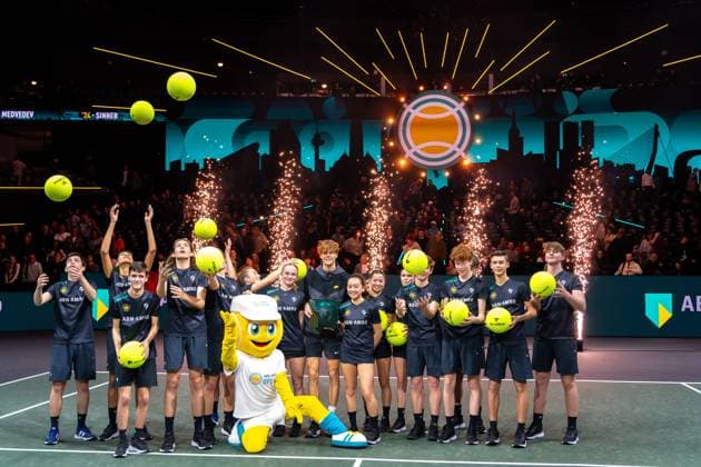 2024-02-18 ABN AMRO Open 2024 - Day 7 ROTTERDAM, NETHERLANDS - FEBRUARY 18: Jannik Sinner of Italy is seen posing with his trophy and all ballkids after winning the tournament during Day 7 of the ABN AMRO Open 2024 at Ahoy on February 18, 2024 in Rotterdam, Netherlands. (Photo by Joris Verwijst BSR Agency) Rotterdam Netherlands Content not available for redistribution in The Netherlands directly or indirectly through any third parties. Copyright: xBSRxAgencyx