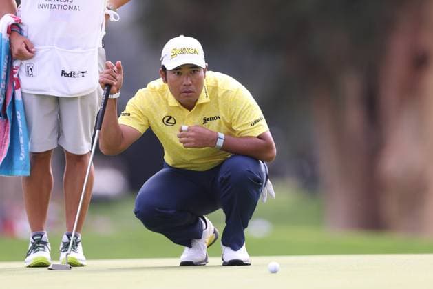 February 18, 2024, Pacific Palisades, California, USA: HIDEKI MATSUYAMA lines up a putt on the 18th hole during the final round of The Genesis Invitational at Riviera Country Club in Pacific Palisades, California. Pacific Palisades USA - ZUMAt158 20240218_zsp_t158_070 Copyright: xBrentonxTsex