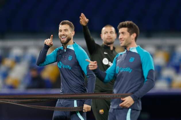 Inigo Martinez FC Barcelona, Barca gestures, UEFA Champions League Round of 16, FC Barcelona training, Diego Armando Maradona Stadium, February 20, 2024, Naples, Italy.