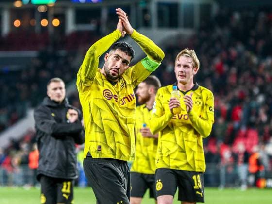 Emre Can (Borussia Dortmund BVB, 23) und Julian Brandt (Borussia Dortmund BVB, 19) nach dem Spiel, NLD, PSV Eindhoven vs. Borussia Dortmund BVB, UEFA Champions League 2023 24 - Achtefinale, Hinspiel, 20.02.2024, NLD, PSV Eindhoven vs. Borussia Dortmund BVB, UEFA Champions League 2023 24 - Achtefinale, Hinspiel, 20.02.2024, Foto: Eibner-Pressefoto Gabriel Boia EIndhoven Copyright: xEibner-Pressefoto GabrielxBoiax EP_EER