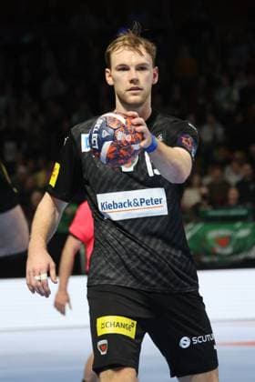 DEU, EHF, Fuechse Berlin vs. Sporting CP, 20.02.2024, Max-Schmeling-Halle, Berlin, DEU, EHF, Fuechse Berlin vs. Sporting CP, im Bild Mathias Gidsel (Fuechse Berlin 19) Foto: Juergen Engler nordphoto GmbH