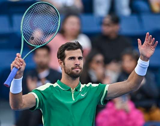 ATP, Tennis Herren Qatar Exxonmobil Open Tennis Tournament 2024 Karen Khachanov is celebrating his victory in the round of 16 singles match against Fabian Marozsan of Hungary at the ATP Qatar ExxonMobil Open tennis tournament at the Khalifa International Tennis Complex in Doha, Qatar, on February 21, 2024. DOHA Qatar  Copyright: xNoushadxThekkayilx originalFilename:varittyakkal-atpqatar240221_np58c.jpg