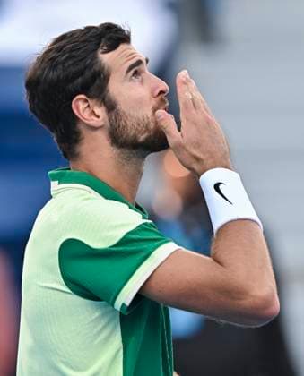 ATP, Tennis Herren Qatar Exxonmobil Open Tennis Tournament 2024 Karen Khachanov is celebrating his victory in the round of 16 singles match against Fabian Marozsan of Hungary at the ATP Qatar ExxonMobil Open tennis tournament at the Khalifa International Tennis Complex in Doha, Qatar, on February 21, 2024. DOHA Qatar  Copyright: xNoushadxThekkayilx originalFilename:varittyakkal-atpqatar240221_np42I.jpg
