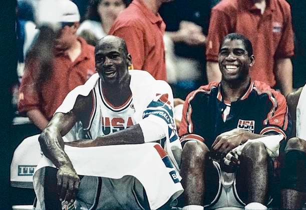 USA Basketball Dream Team Michael Jordan-L- with Magic Johnson (USA), 1992 Tournament of the Americas Portland Memorial Coliseum Oregon United States Copyright: xDuomo PCNx BK24N1 920025