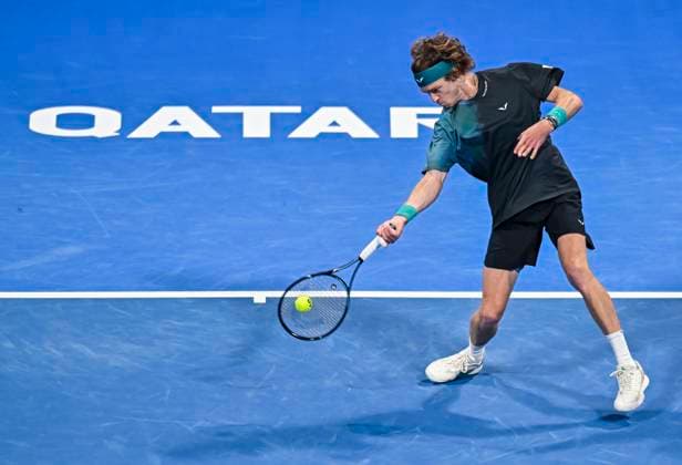 ATP, Tennis Herren Qatar Exxonmobil Open Tennis Tournament 2024 Andrey Rublev is playing against Richard Gasquet of France in his round of 16 singles match at the ATP Qatar ExxonMobil Open tennis tournament at the Khalifa International Tennis Complex in Doha, Qatar, on February 21, 2024. DOHA Qatar  Copyright: xNoushadxThekkayilx originalFilename:varittyakkal-atpqatar240221_npcXJ.jpg