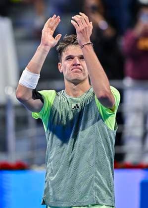 ATP, Tennis Herren Qatar Exxonmobil Open Tennis Tournament 2024 Jake Mensik of the Czech Republic is celebrating his victory in the round of 16 singles match against Andy Murray of Great Britain at the ATP Qatar ExxonMobil Open tennis tournament at the Khalifa International Tennis Complex in Doha, Qatar, on February 21, 2024. DOHA Qatar  Copyright: xNoushadxThekkayilx originalFilename:varittyakkal-atpqatar240221_npbsC.jpg