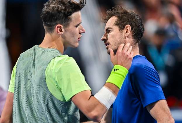 ATP, Tennis Herren Qatar Exxonmobil Open Tennis Tournament 2024 Jake Mensik of the Czech Republic is shaking hands with Andy Murray of Great Britain after winning the round of 16 singles match at the ATP Qatar ExxonMobil Open tennis tournament at the Khalifa International Tennis Complex in Doha, Qatar, on February 21, 2024. DOHA Qatar  Copyright: xNoushadxThekkayilx originalFilename:varittyakkal-atpqatar240221_npzcE.jpg