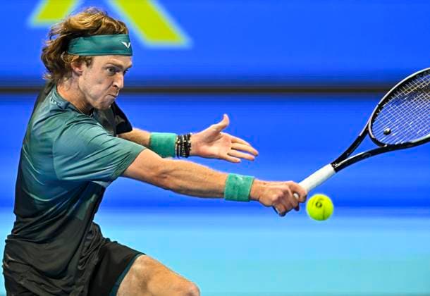 ATP, Tennis Herren Qatar Exxonmobil Open Tennis Tournament 2024 Andrey Rublev is playing in his quarterfinal singles match against Jakub Mensik from the Czech Republic at the ATP Qatar ExxonMobil Open tennis tournament at the Khalifa International Tennis Complex in Doha, Qatar, on February 22, 2024. DOHA Qatar  Copyright: xNoushadxThekkayilx originalFilename:varittyakkal-atpqatar240222_npKW0.jpg
