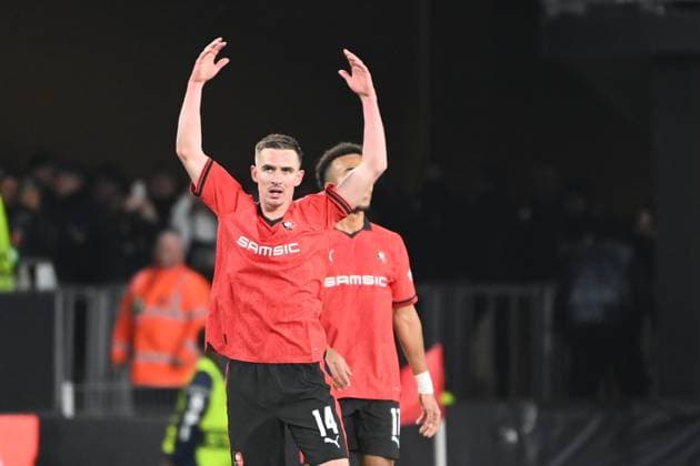 Stade Rennais - Milan AC PHOTOPQR LE TELEGRAMME NICOLAS CREACH ; ; 22 02 2024 ; Football. Rennes 35 le 22 février 2024 Stade du Roazhon Park Ligue Europa 16 ème de finale. Saison 2023-2024. Stade Rennais - Milan AC La joie des Rennais suite au but inscrit par Benjamin Bourigeaud France  Copyright: xPHOTOPQR LExTELEGRAMME MAXPPPxNICOLASxCREACHx 20240222TGB0386 20240222TGB0386