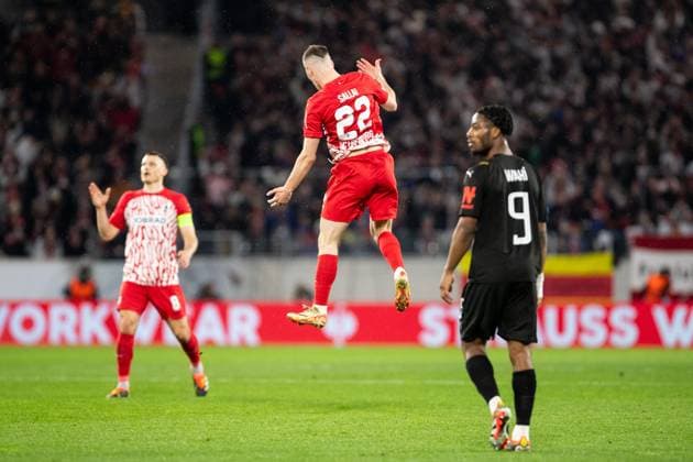 UEFA Europa League: SC Freiburg - RC Lens; 22.02.20224 Roland Sallai (SC Freiburg, 22) im Jubel nach dem Tor UEFA Europa League: SC Freiburg - RC Lens; Europa-Park-Stadion, Freiburg; 22.02.20224 Copyright: xBEAUTIFULxSPORTS Buriakovx