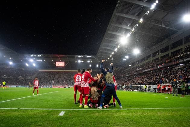 UEFA Europa League: SC Freiburg - RC Lens; 22.02.20224 Roland Sallai (SC Freiburg, 22) im Jubel nach dem Tor UEFA Europa League: SC Freiburg - RC Lens; Europa-Park-Stadion, Freiburg; 22.02.20224 Copyright: xBEAUTIFULxSPORTS Buriakovx
