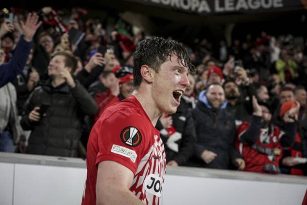 Joie des joueurs de l equipe SC Fribourg apres le but de MICHAEL GREGORITSCH 38 FOOTBALL : UEFA Europa League. SC Freibourg - RC Lens -22 02 2024 ElyxandroCegarra Panoramic 