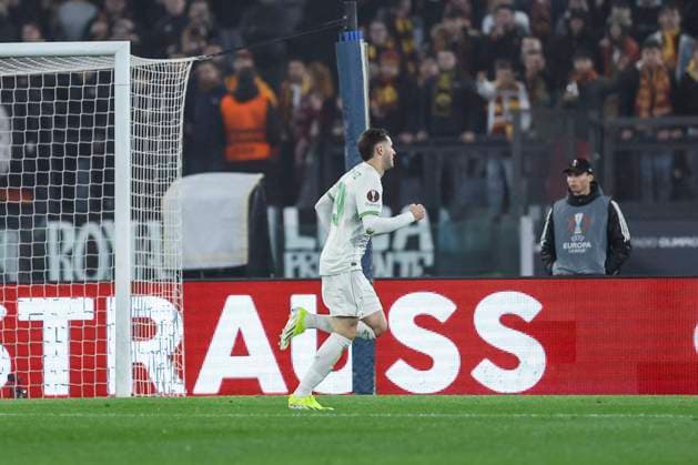UEFA Europa League As Roma vs Feyenoord Rotterdam Feyenoord s Mexican forward Santiago Gimenez celebrates after scoring a goal during the UEFA Europa League match Knockout Round Play-offs Second Leg As Roma vs Feyenoord Rotterdam at Olimpico Stadium on February 22, 2023, in Rome. ABPH6963_1 Copyright: xAntonioxBalascox
