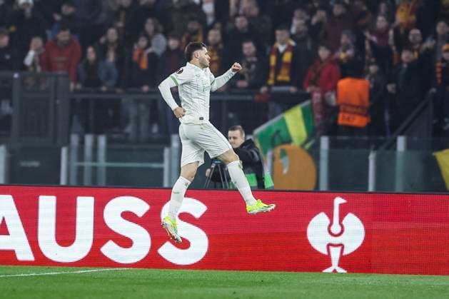 UEFA Europa League As Roma vs Feyenoord Rotterdam Feyenoord s Mexican forward Santiago Gimenez celebrates after scoring a goal during the UEFA Europa League match Knockout Round Play-offs Second Leg As Roma vs Feyenoord Rotterdam at Olimpico Stadium on February 22, 2023, in Rome. ABPH6993_1 Copyright: xAntonioxBalascox